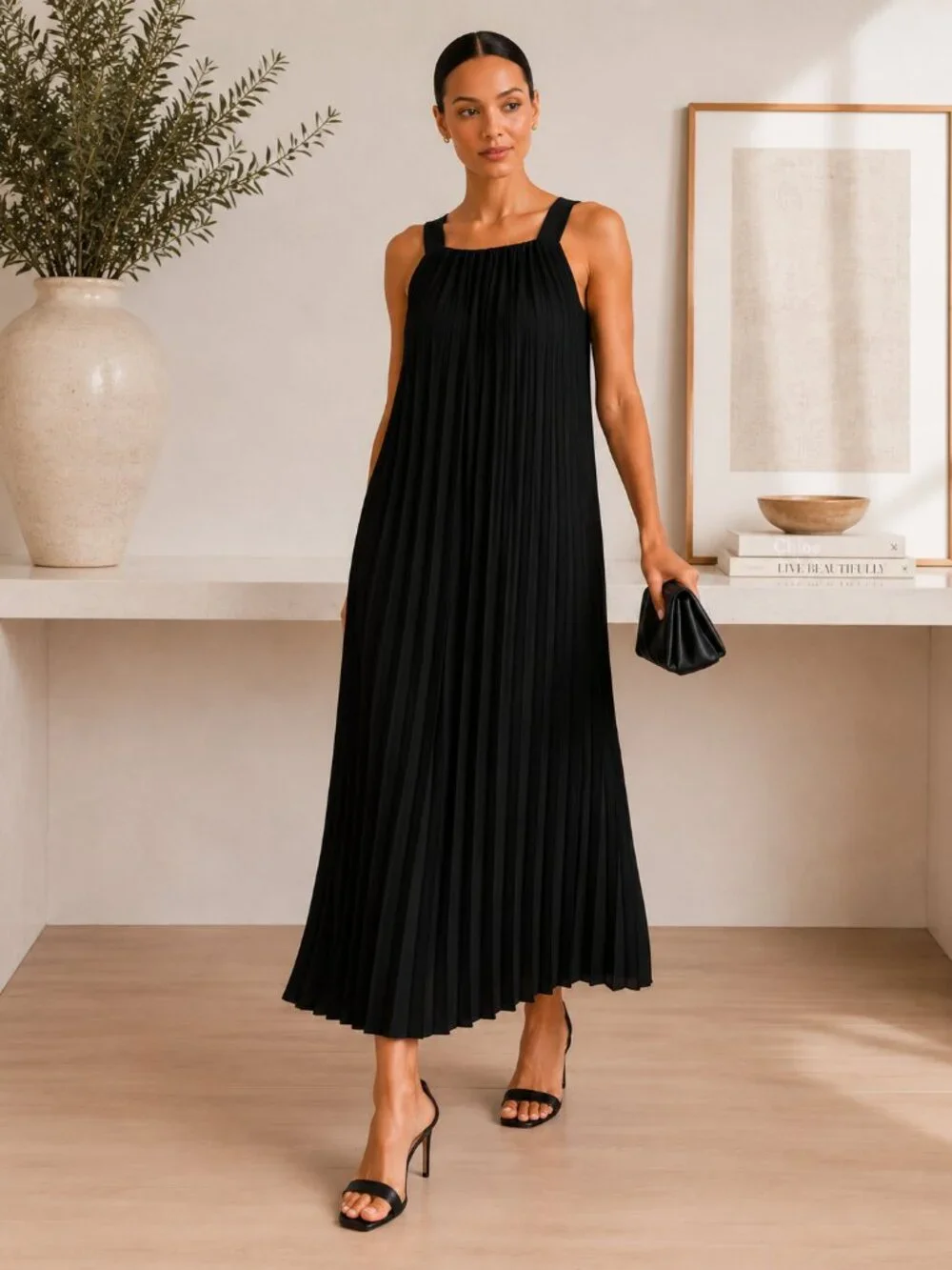 Kate Spade Saturday Black Accordion Pleated Midi Shift Dress Medium NWOT